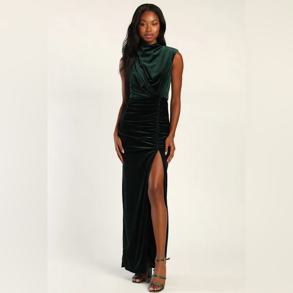Lulus Alluring Image Emerald Ruched Velvet Mock Neck Maxi Dress - Picture 7 of 16